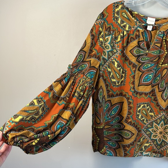 Chico's Womens Multicolor Paisley Blouse Sz 3/XL Medallion Print Bishop Sleeve - Picture 7 of 15
